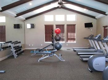 A gym with treadmills, weights, and exercise balls.